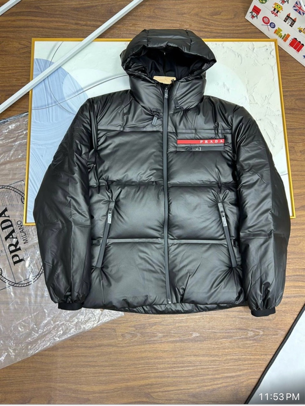 Prada Black Puffer Jacket with Red Logo Stripe